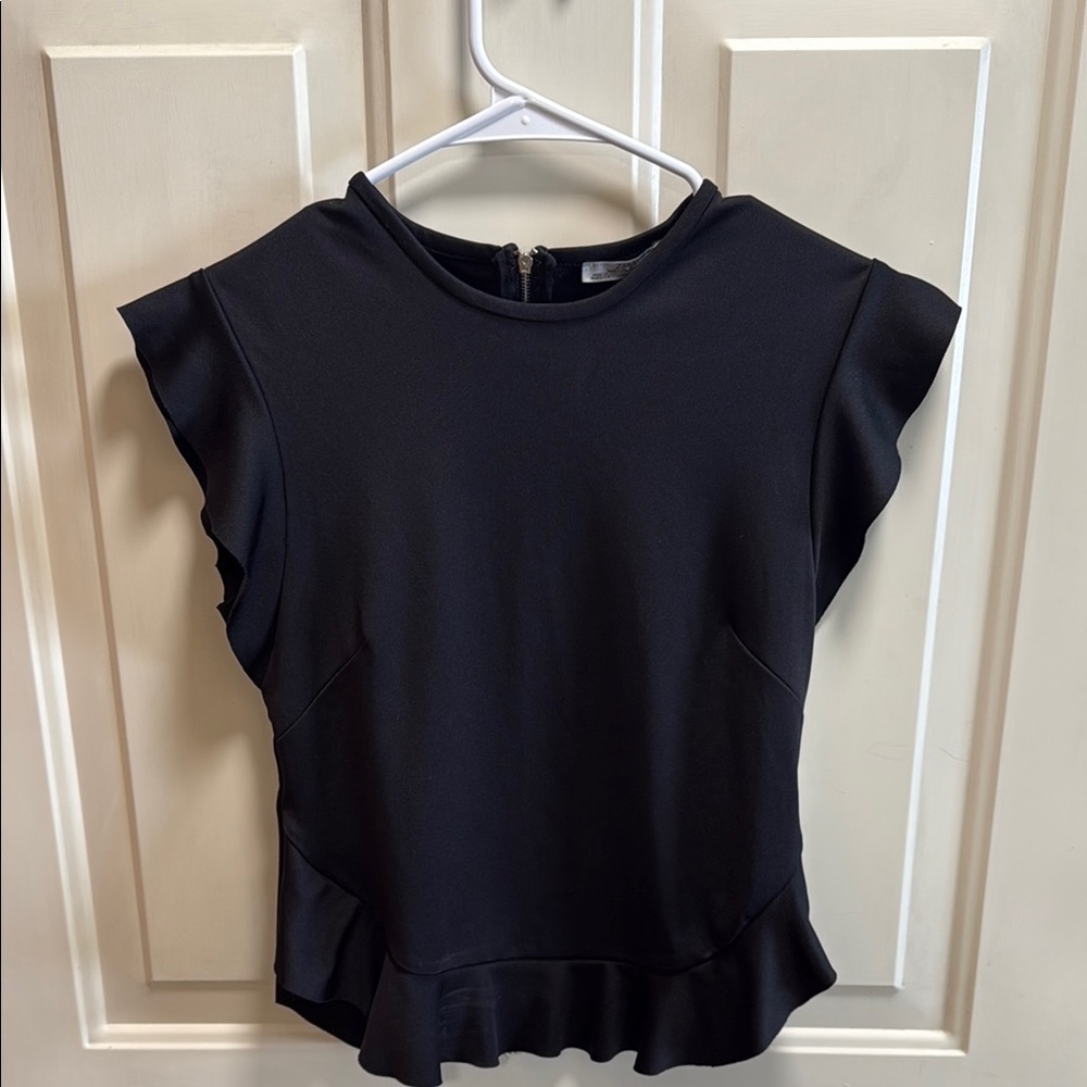 Zara Elegant Black Ruffle Sleeve Zip up Back Cropped Length Top size S